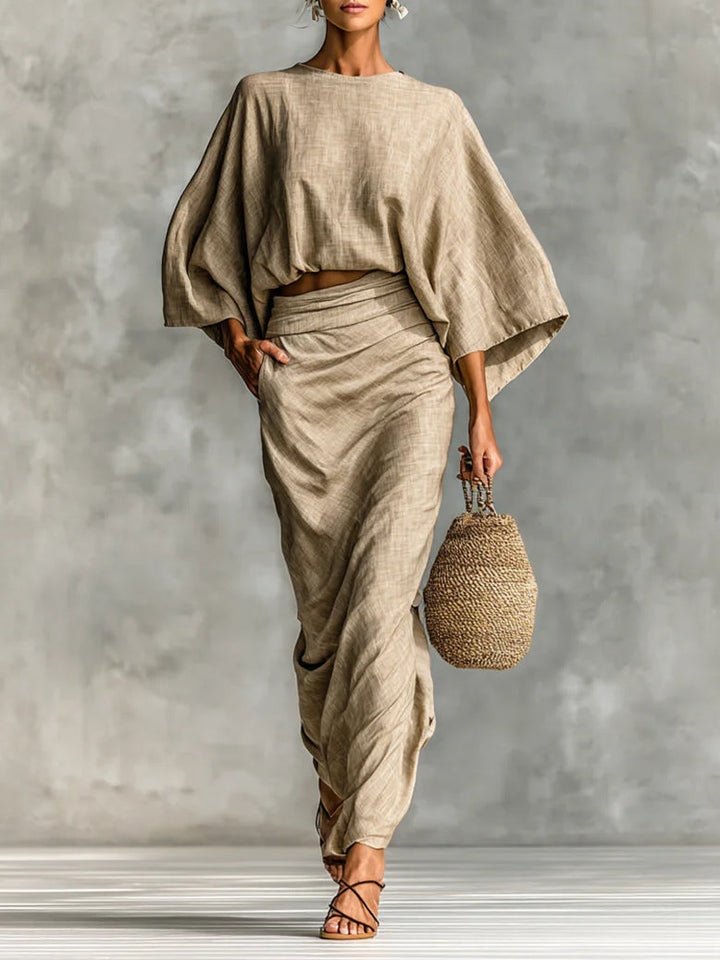 WILLOW | Beige Two Piece Set with Batwing Top and Long Skirt