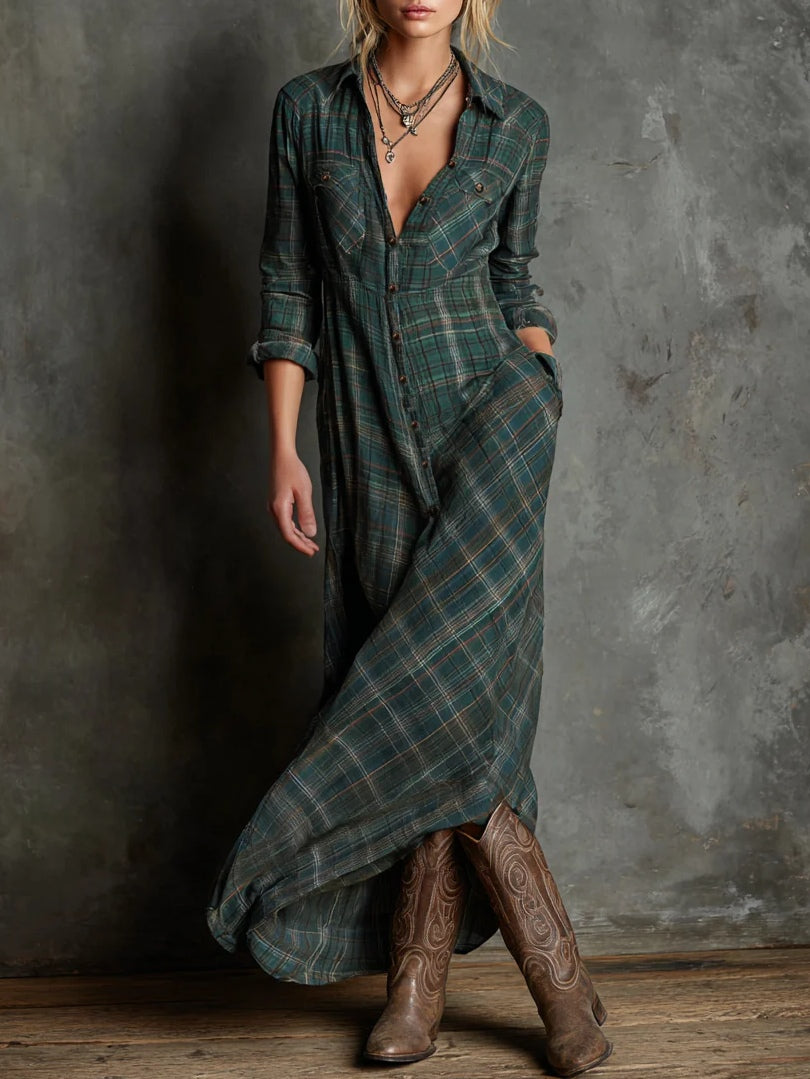 Margaux | Long Shirt Dress in Green Gingham