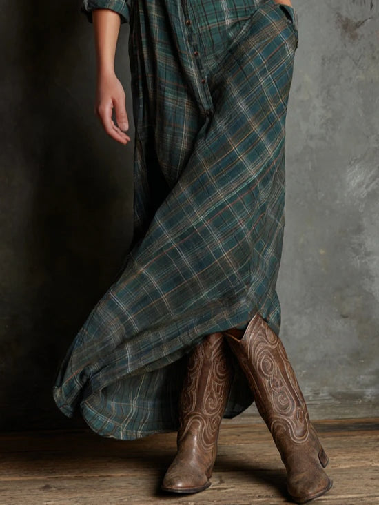 Margaux | Long Shirt Dress in Green Gingham