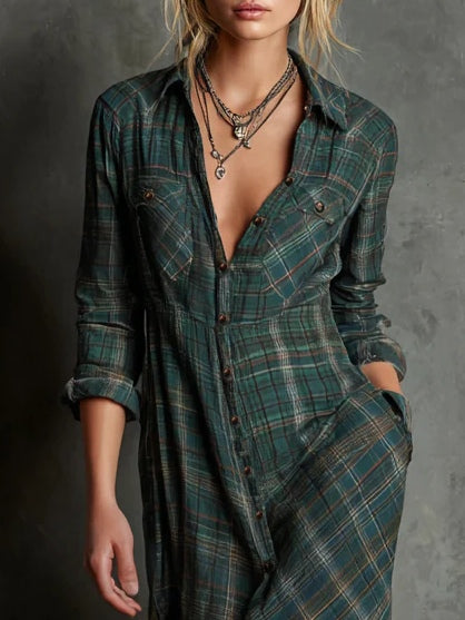 Margaux | Long Shirt Dress in Green Gingham