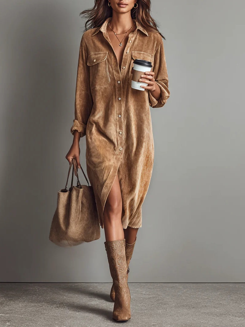 Béatrice | Ribbed Corduroy Midi Dress with Pockets