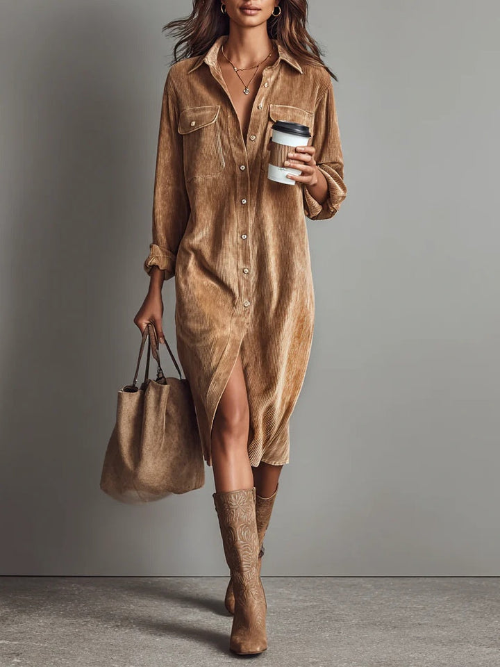 Béatrice | Ribbed Corduroy Midi Dress with Pockets