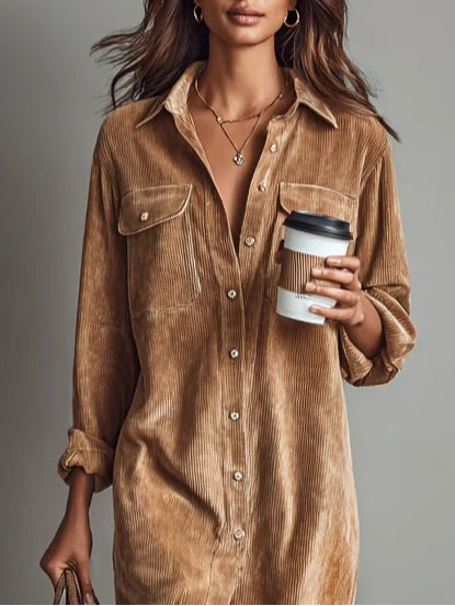 Béatrice | Ribbed Corduroy Midi Dress with Pockets
