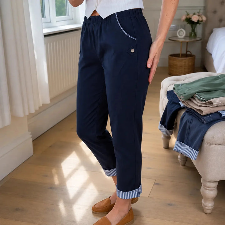 Wearbella – Striped Cuff Cropped Trousers with Stretch Waist for Women