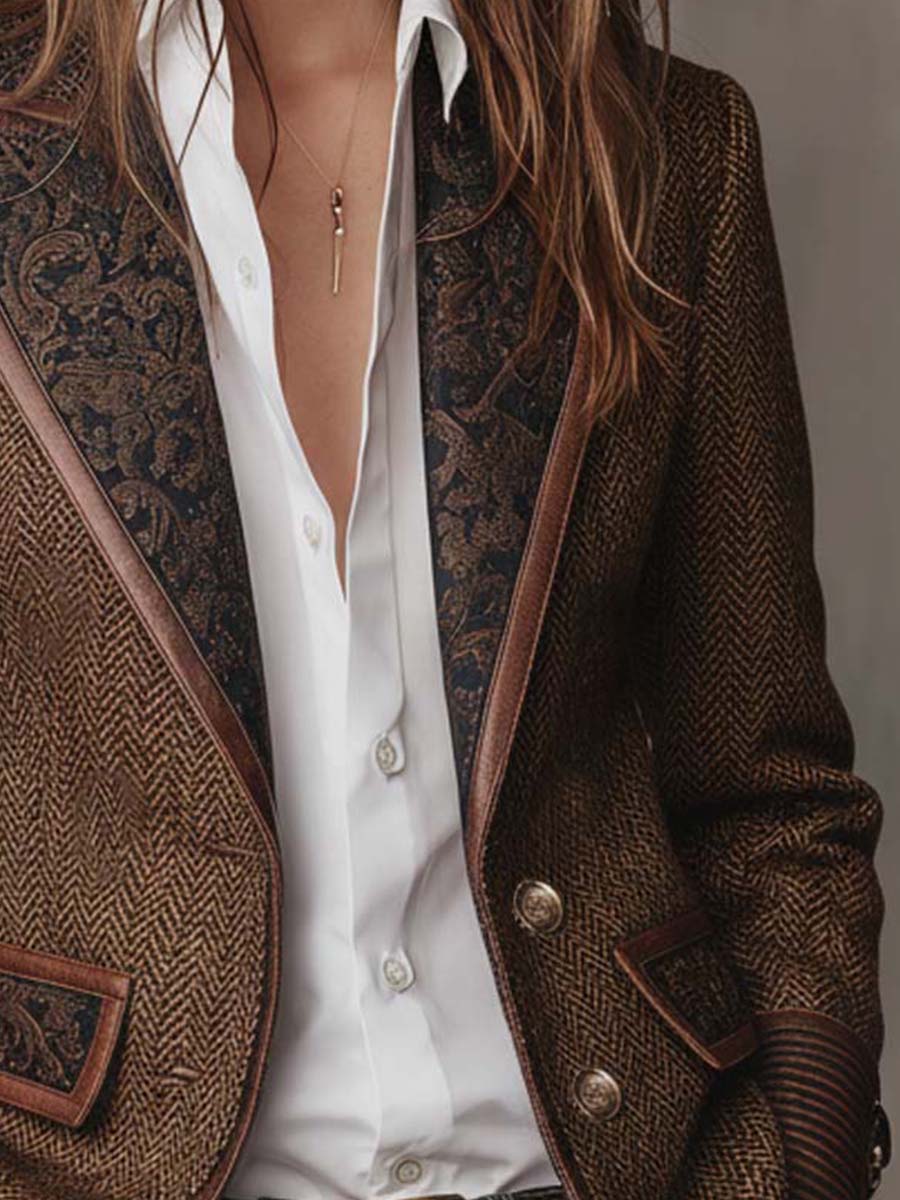 Savile | Herringbone Leather-Trim Tweed Blazer