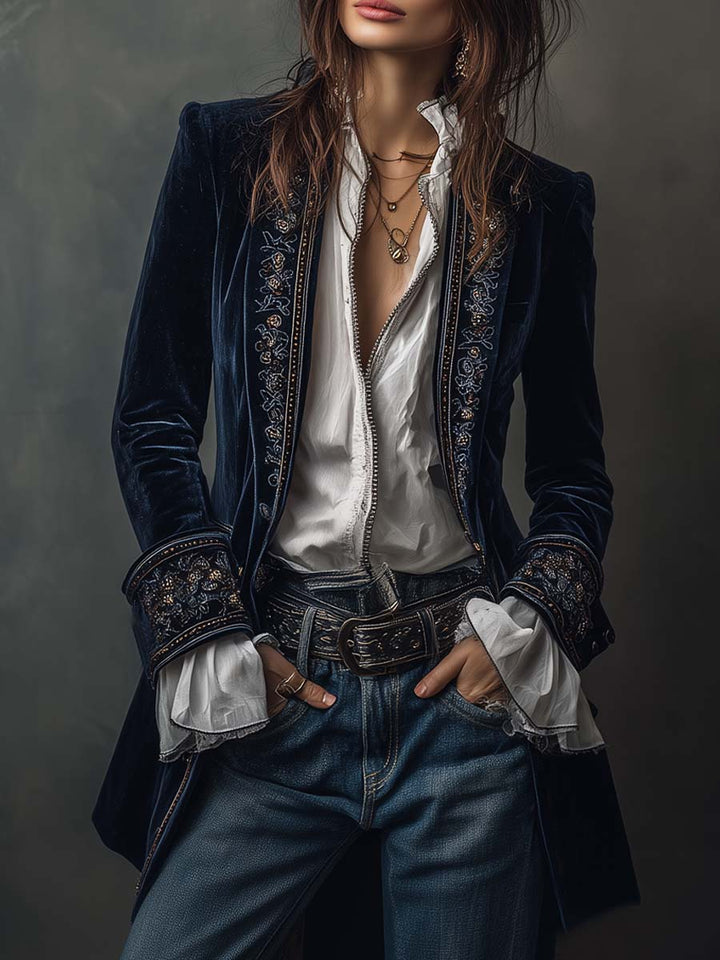 Athénaïs | Long Embroidered Vintage Navy Jacket
