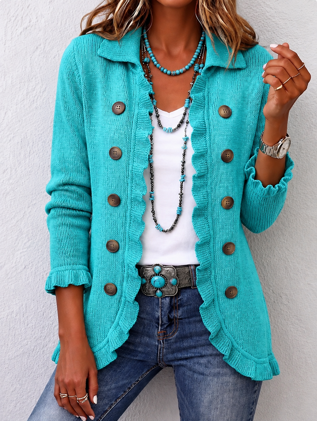 Sylvaine | Ruffled Ribbed Knit Jacket in Turquoise