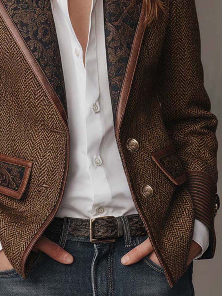 Savile | Herringbone Leather-Trim Tweed Blazer