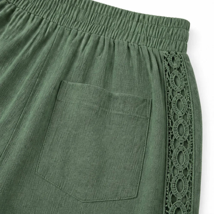Marella – Wide Leg Boho Pants with Lace-like Side Trim and Drawstring Waist