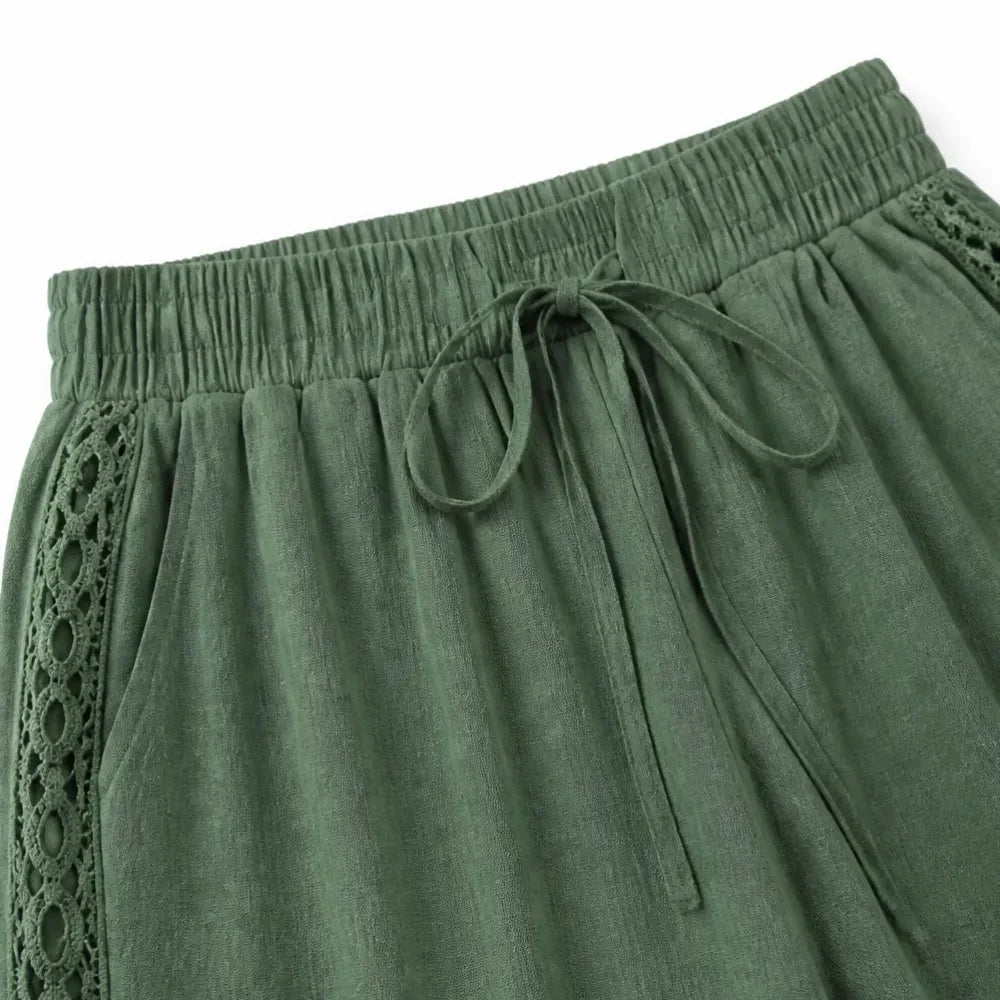 Marella – Wide Leg Boho Pants with Lace-like Side Trim and Drawstring Waist