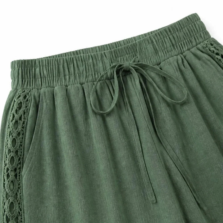 Marella – Wide Leg Boho Pants with Lace-like Side Trim and Drawstring Waist