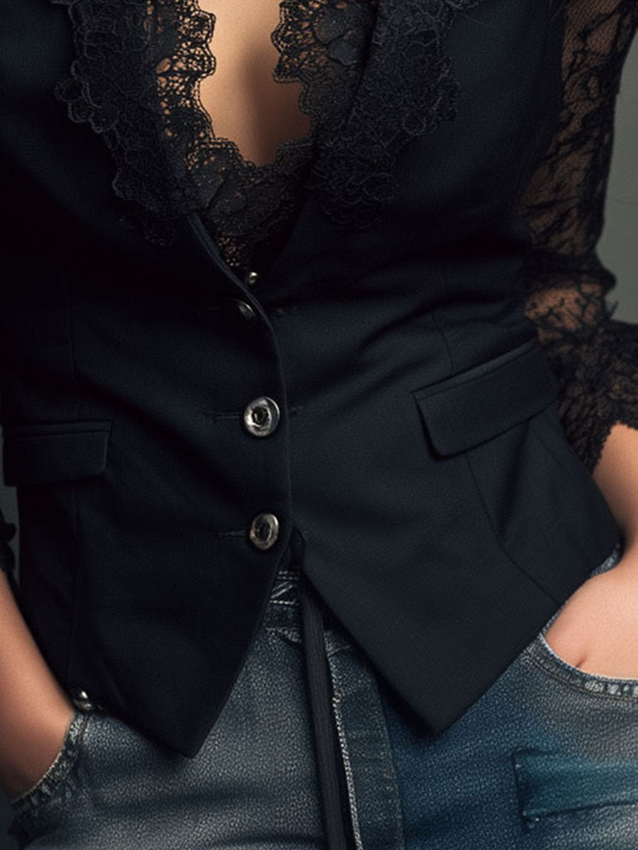 Noémie | Black Sheer-Sleeve Blazer Top