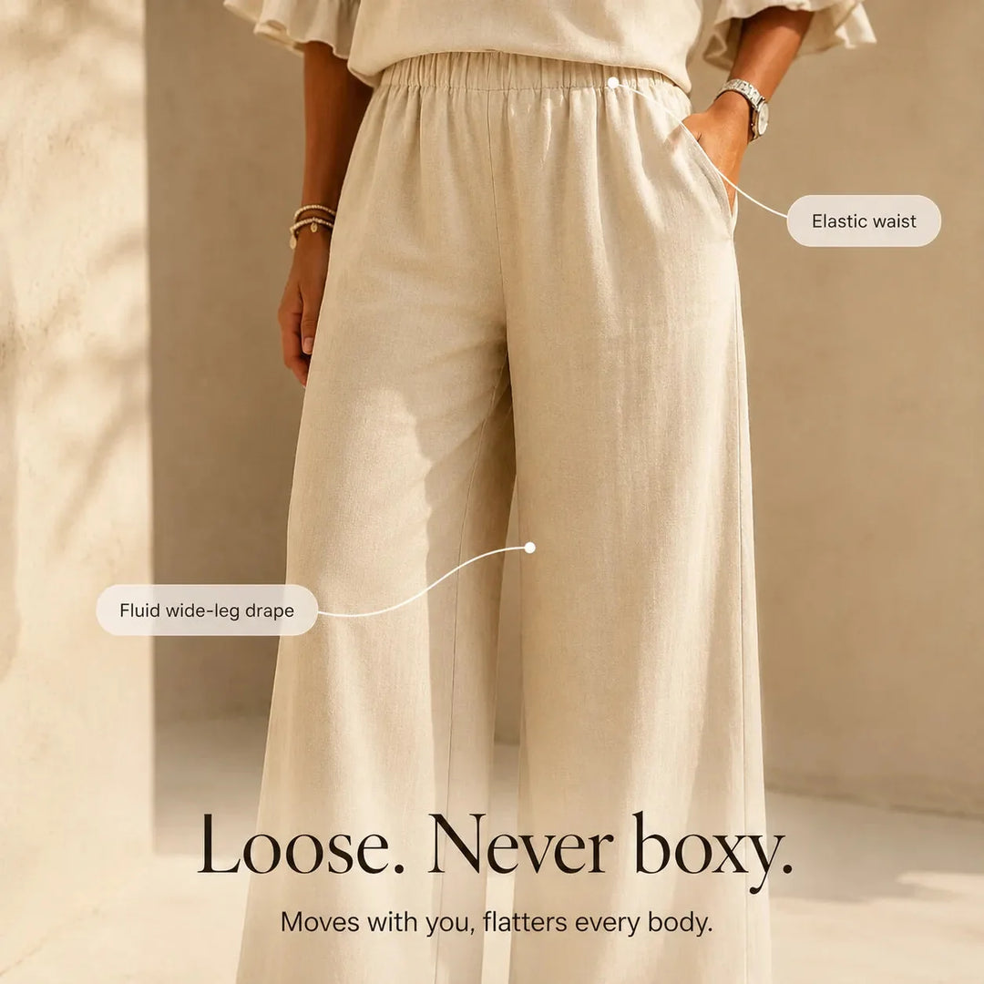 Lunavia | Linen-Look Two-Piece Set with Ruffle Sleeves and Wide-Leg Pants