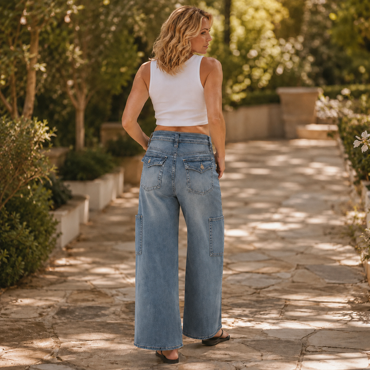 Marelle – Wide Leg Cargo Jeans for Women, Light Wash Straight Cut
