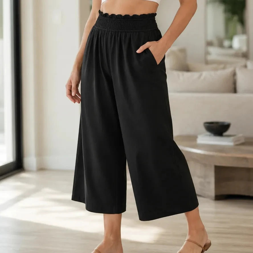Wearbella – High Waisted Wide Leg Cropped Pants with Smocked Waist