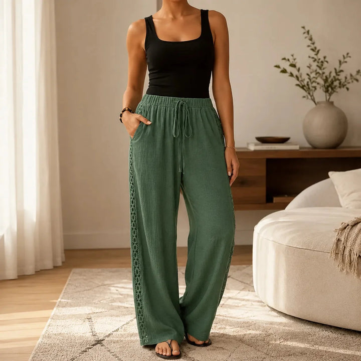 Marella – Wide Leg Boho Pants with Lace-like Side Trim and Drawstring Waist