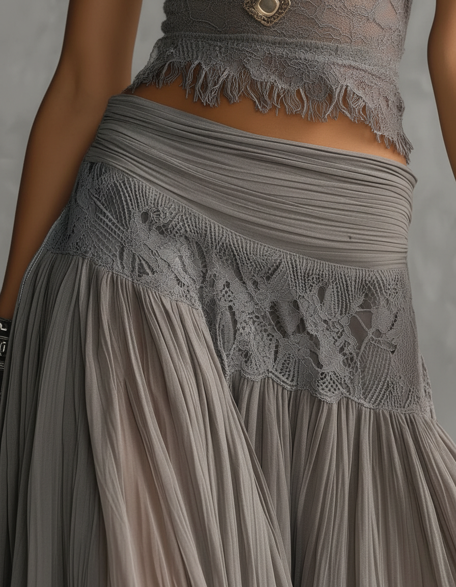 Federica | Lace Detail Top &amp; Pleated Maxi Skirt Set