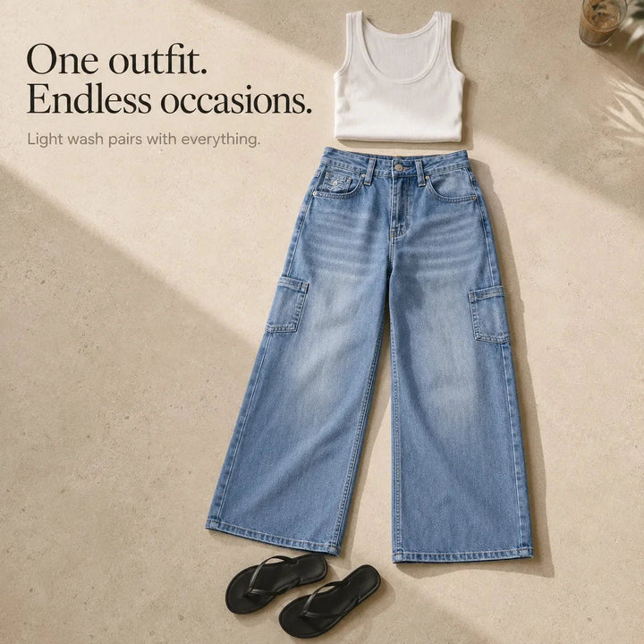Marelle – Wide Leg Cargo Jeans for Women, Light Wash Straight Cut