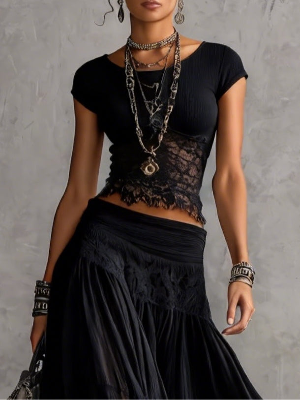 Chiara | Lace Detail Top &amp; Flowing Maxi Skirt Set