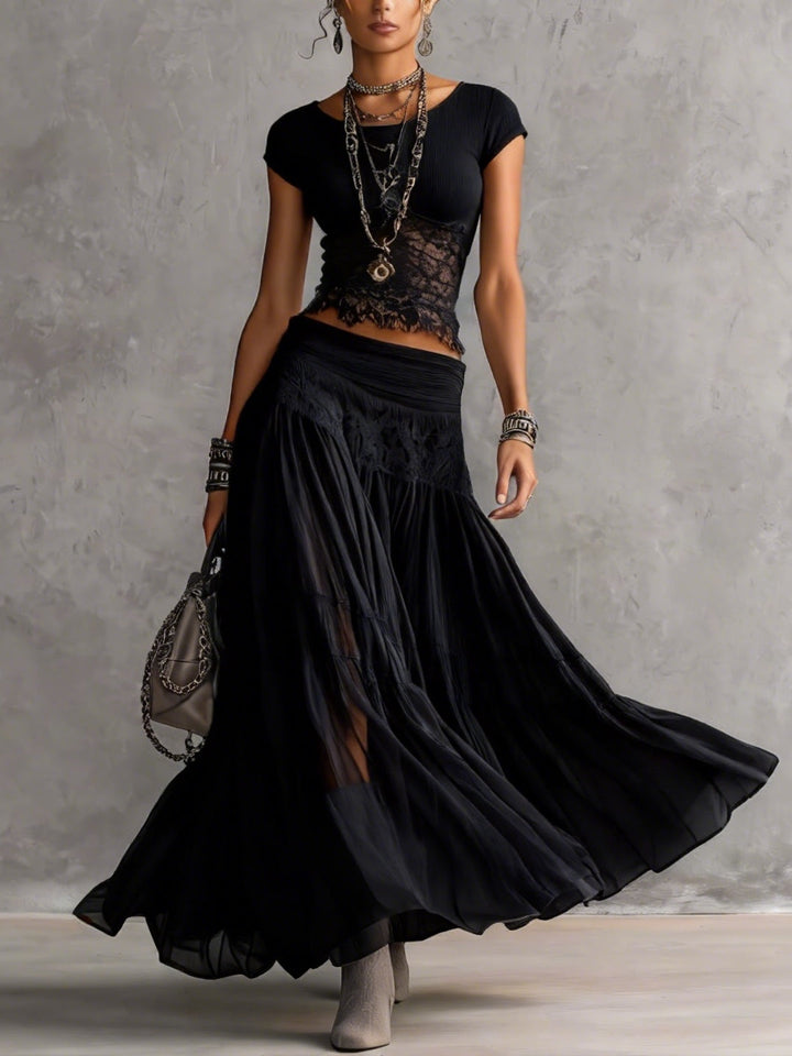 Chiara | Lace Detail Top &amp; Flowing Maxi Skirt Set