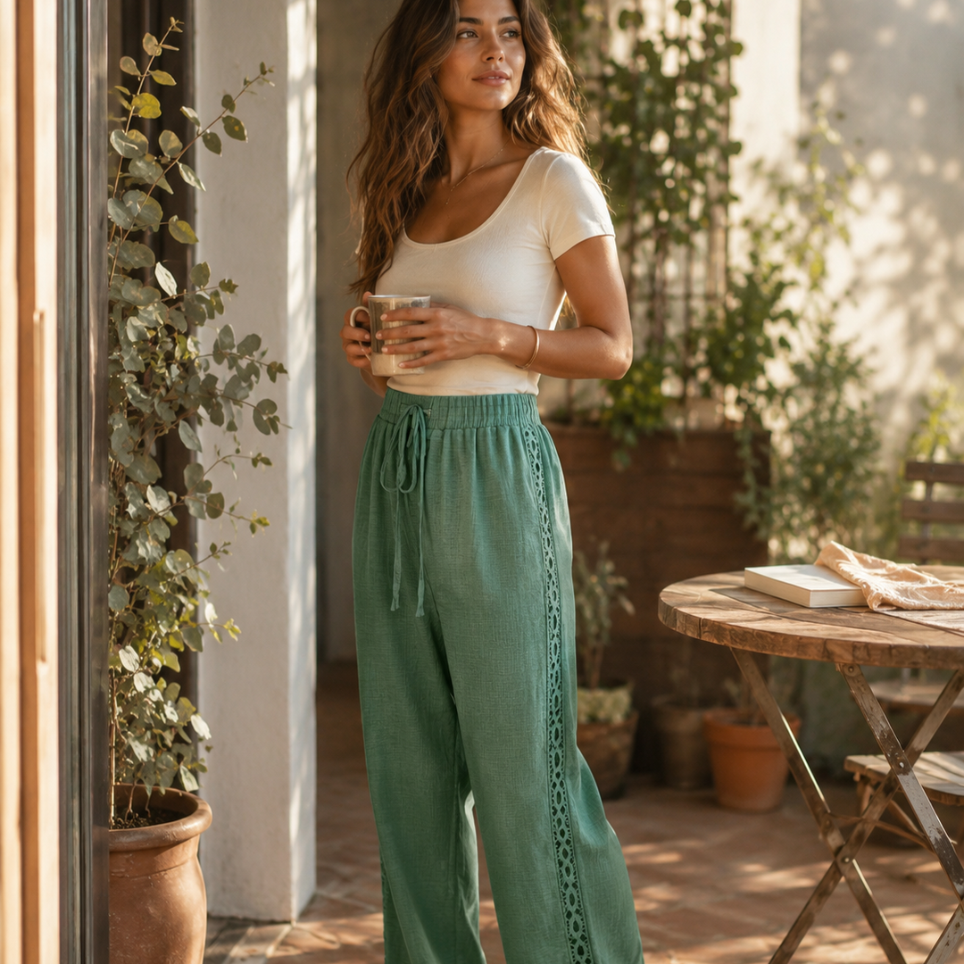 Marella – Wide Leg Boho Pants with Lace-like Side Trim and Drawstring Waist