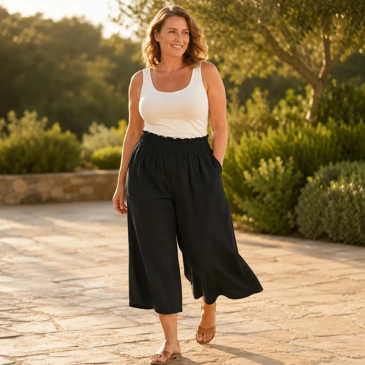 Wearbella – High Waisted Wide Leg Cropped Pants with Smocked Waist
