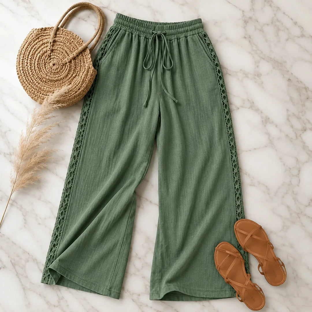 Marella – Wide Leg Boho Pants with Lace-like Side Trim and Drawstring Waist