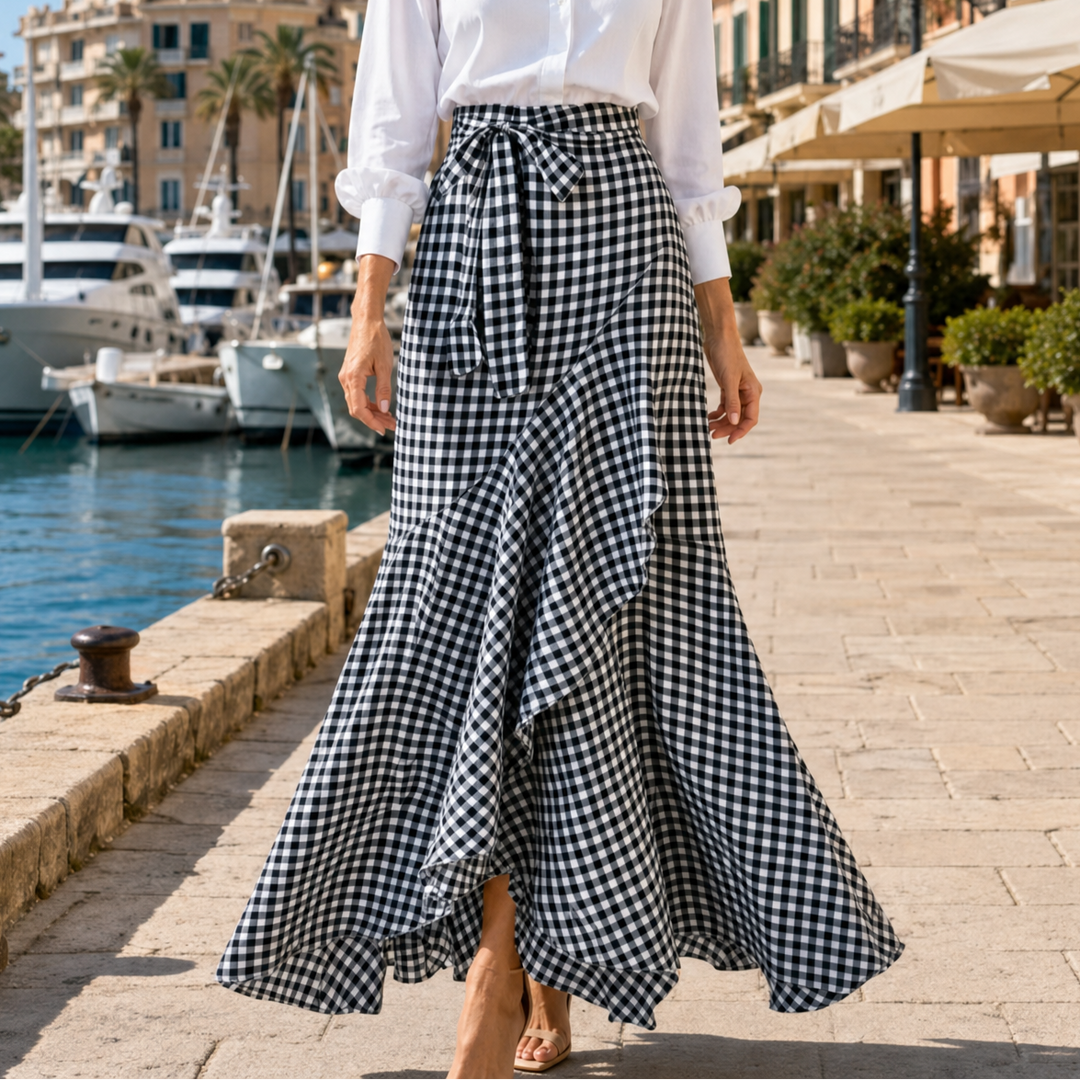 Veluna – Gingham Asymmetrical Ruffle Maxi Skirt for Women