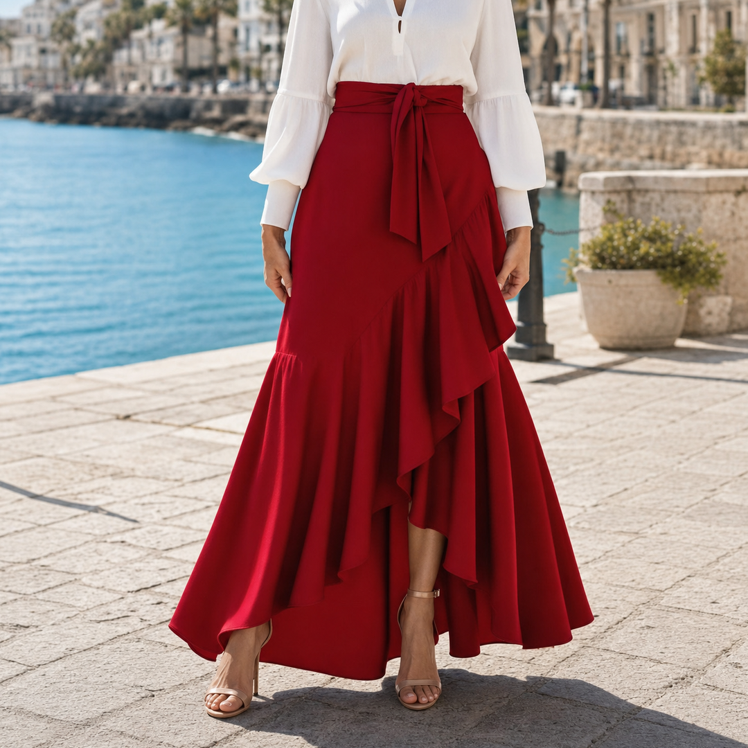 Veluna – Gingham Asymmetrical Ruffle Maxi Skirt for Women