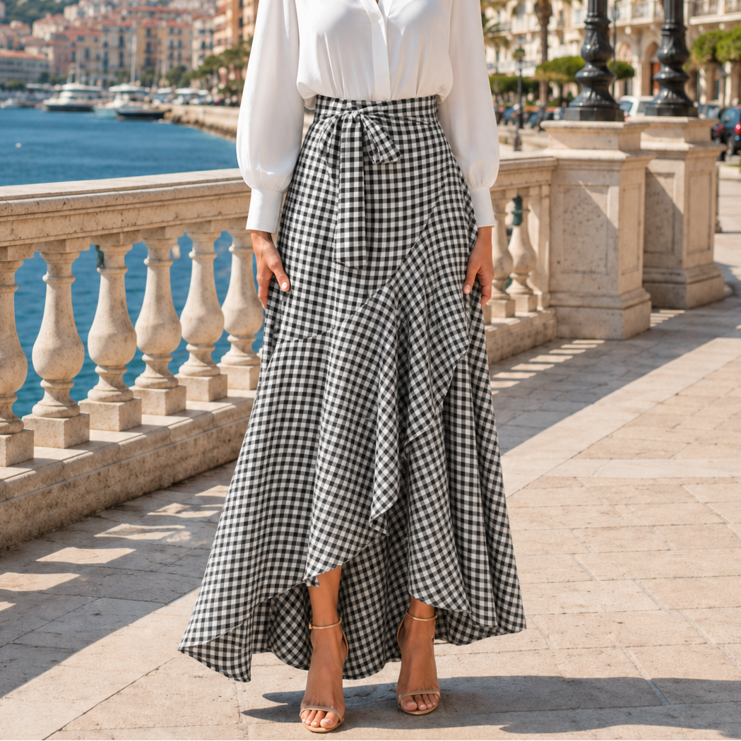 Veluna – Gingham Asymmetrical Ruffle Maxi Skirt for Women