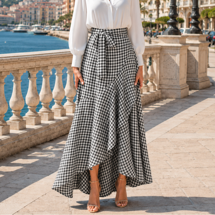 Veluna – Gingham Asymmetrical Ruffle Maxi Skirt for Women