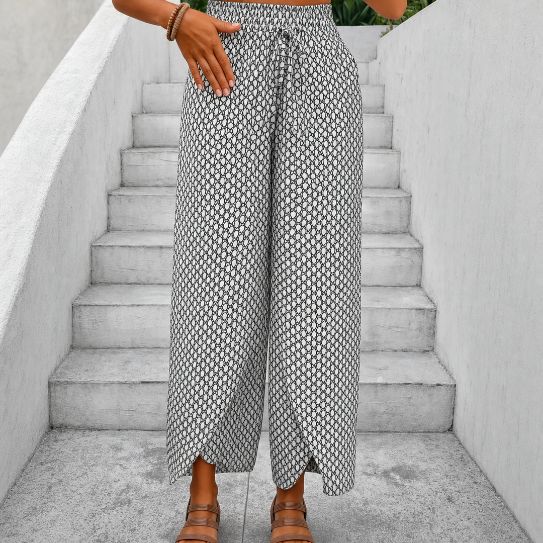 Solavie – Smocked Waist Wide Leg Pants with Wrap Slit for Women