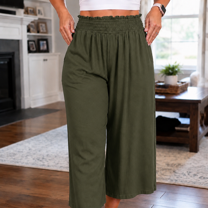Wearbella – High Waisted Wide Leg Cropped Pants with Smocked Waist