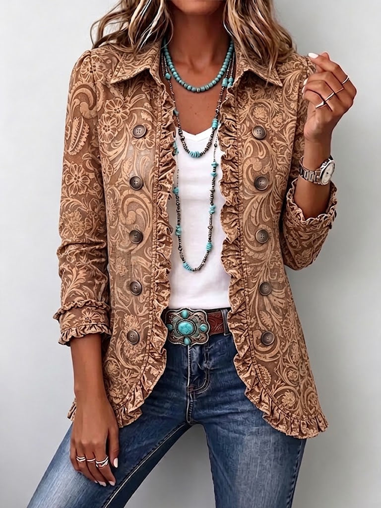 Noémie | Boho Floral Vintage Jacket in Brown with Ruffles
