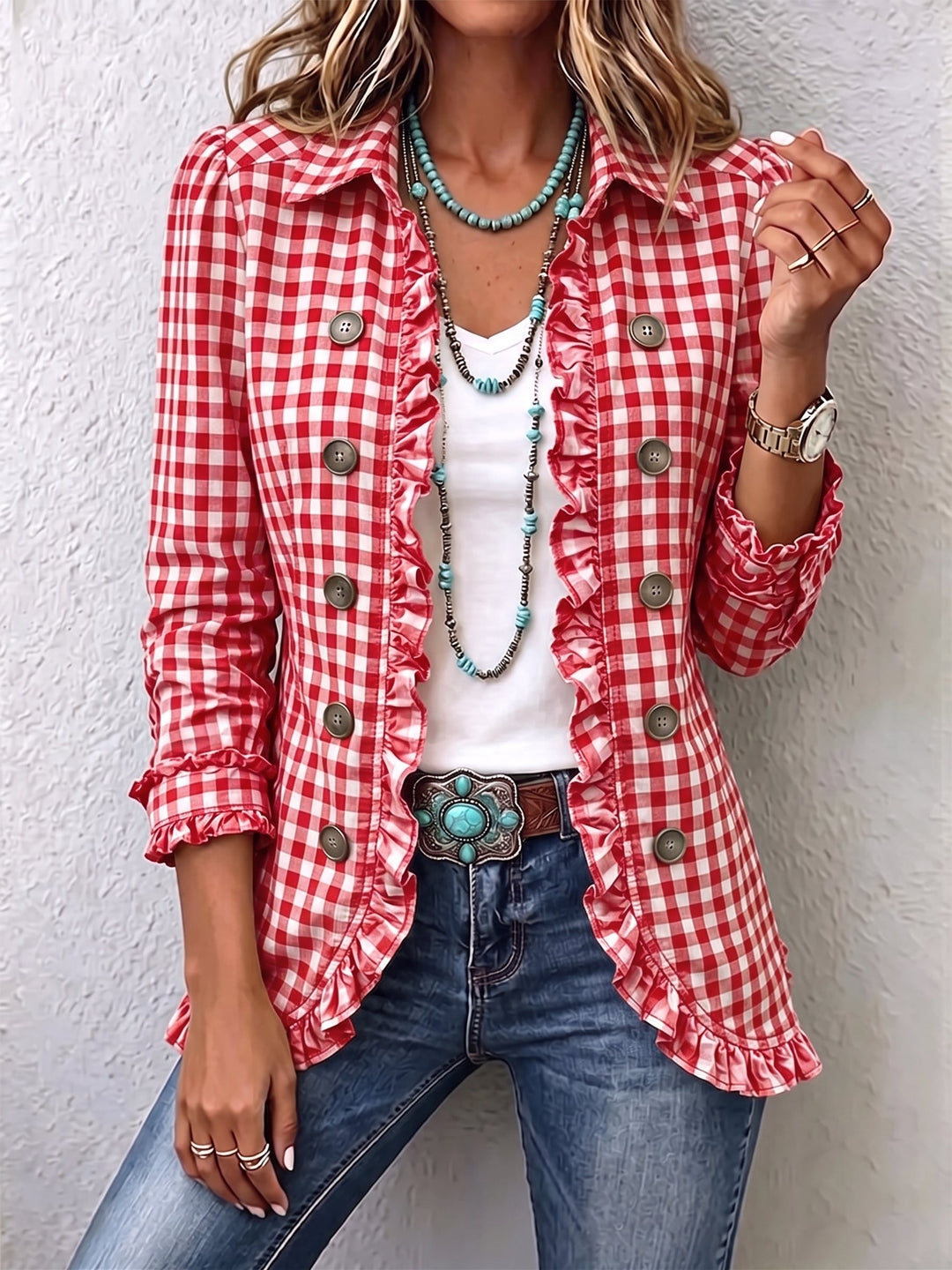 Julie | Vichy Check Jacket with Ruffles and Buttons