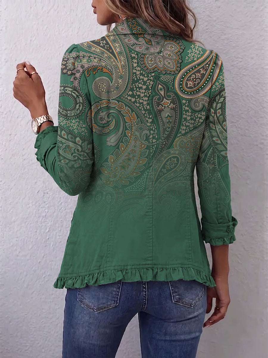 Cosette | Boho Paisley Jacket in Green with Ruffles