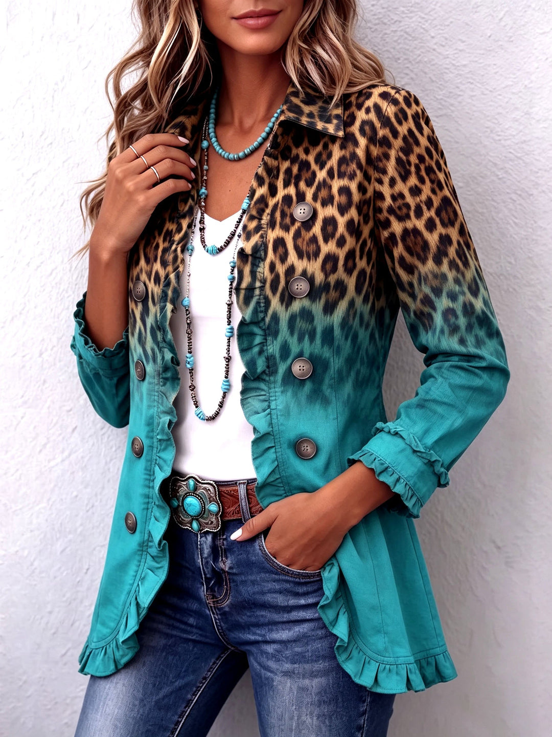 Béatrice | Ruffled Ombre Leopard Blazer in Turquoise