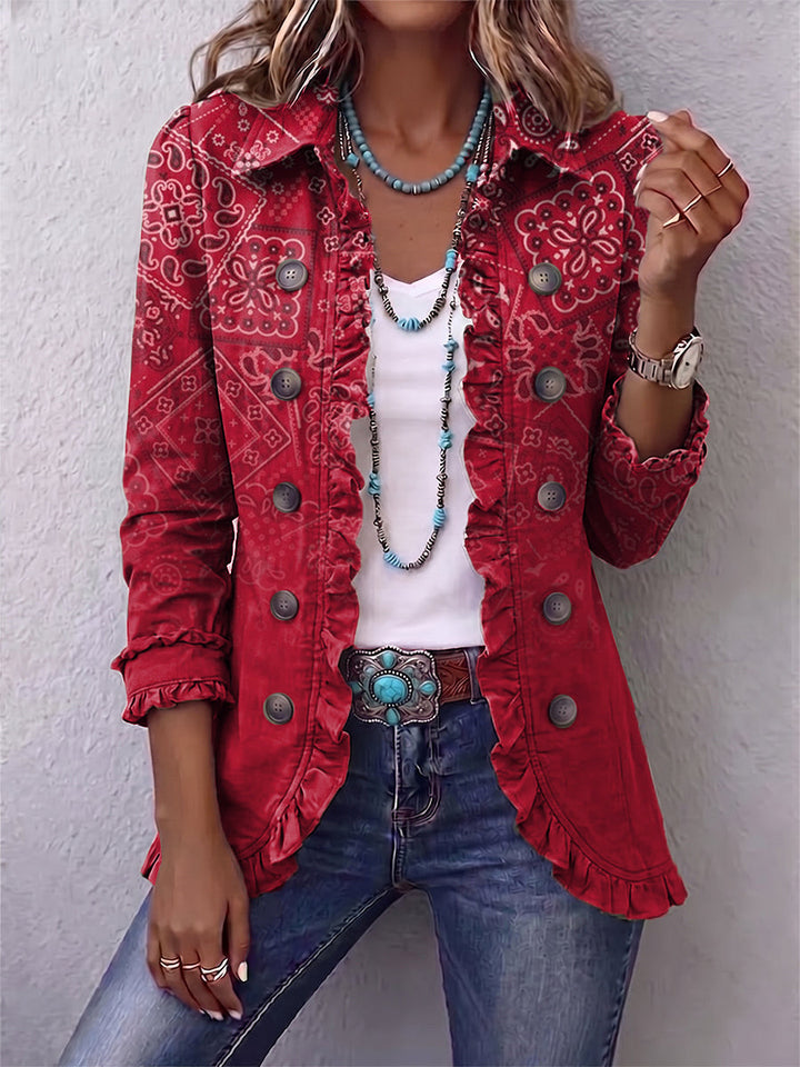 Gaëlle | Boho Ombre Paisley Jacket in Red with Ruffles