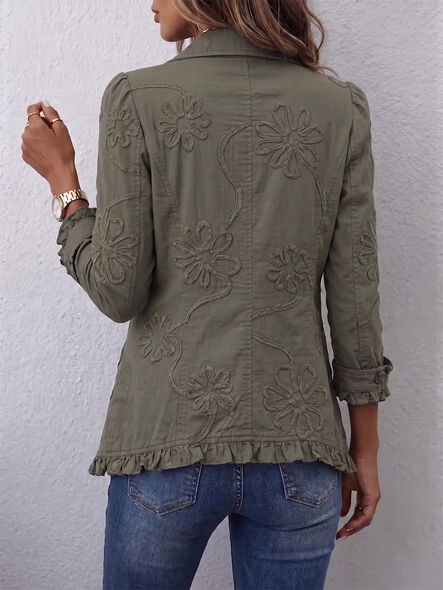 Alexandrine | Boho-Chic Retro Green Floral Print Jacket with Gathered Details