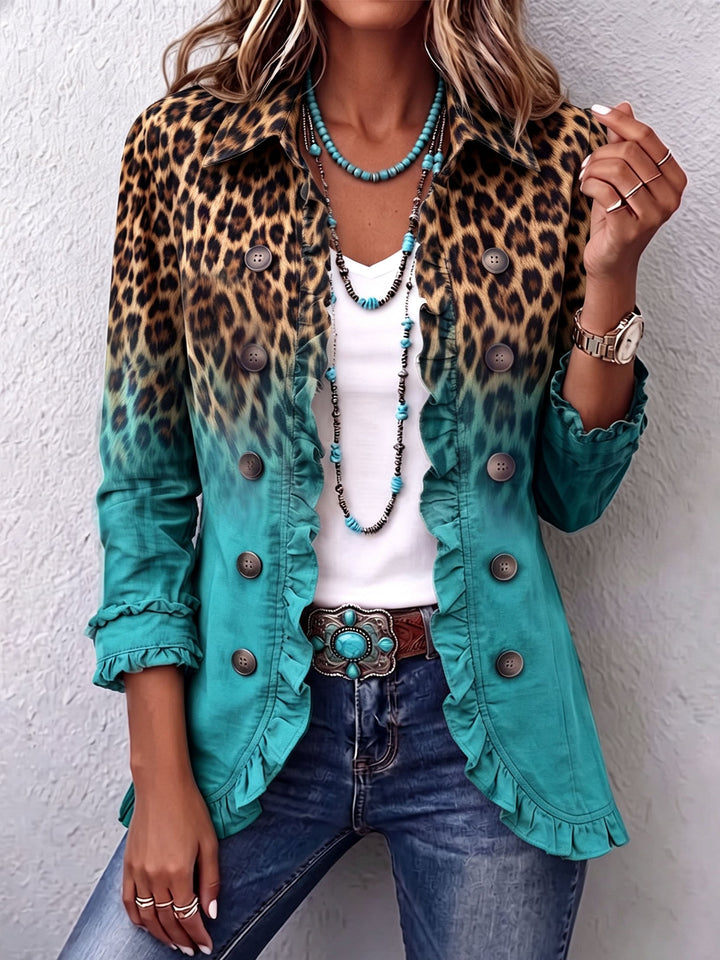 Béatrice | Ruffled Ombre Leopard Blazer in Turquoise