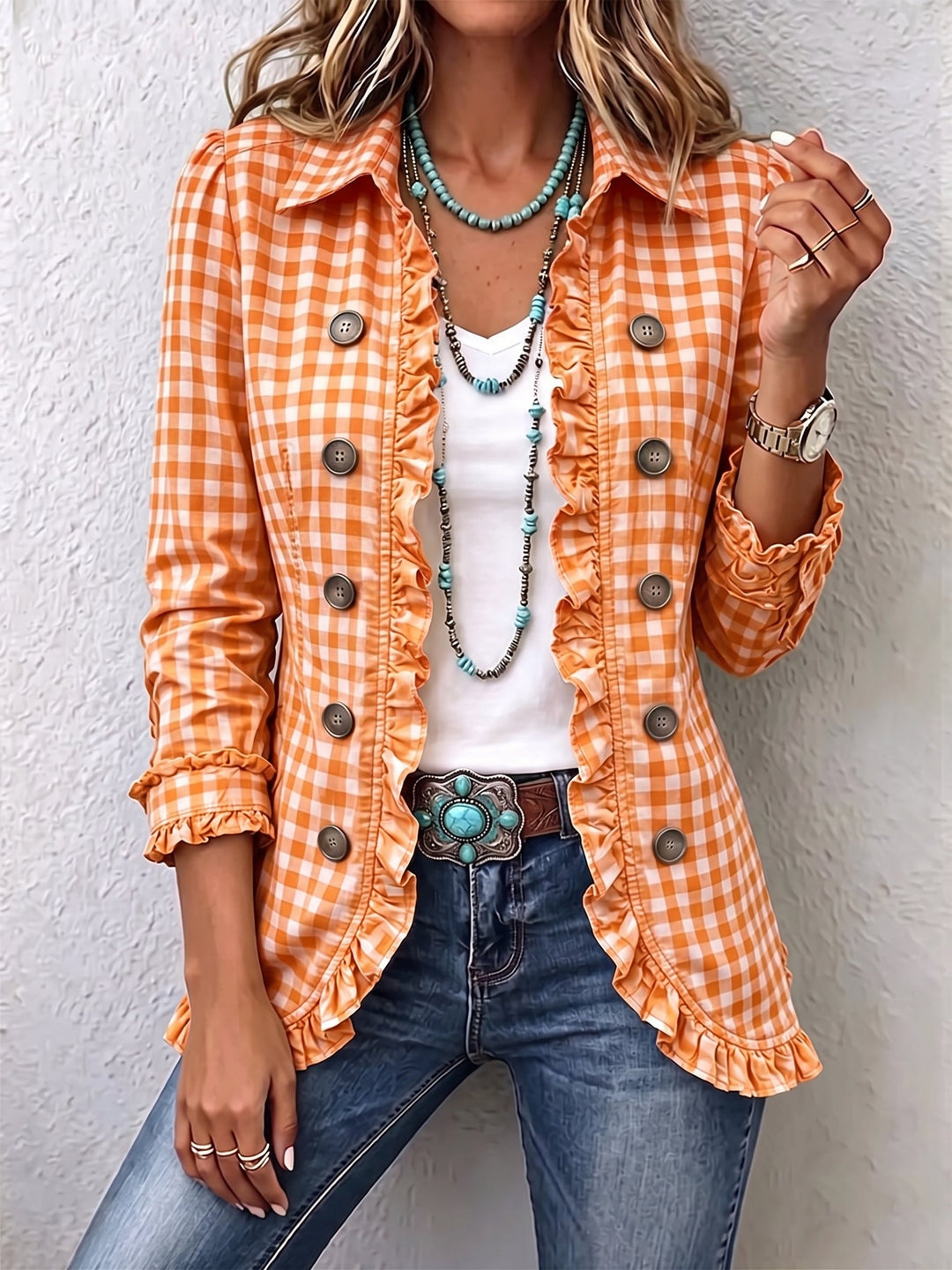 Julie | Vichy Check Jacket with Ruffles and Buttons