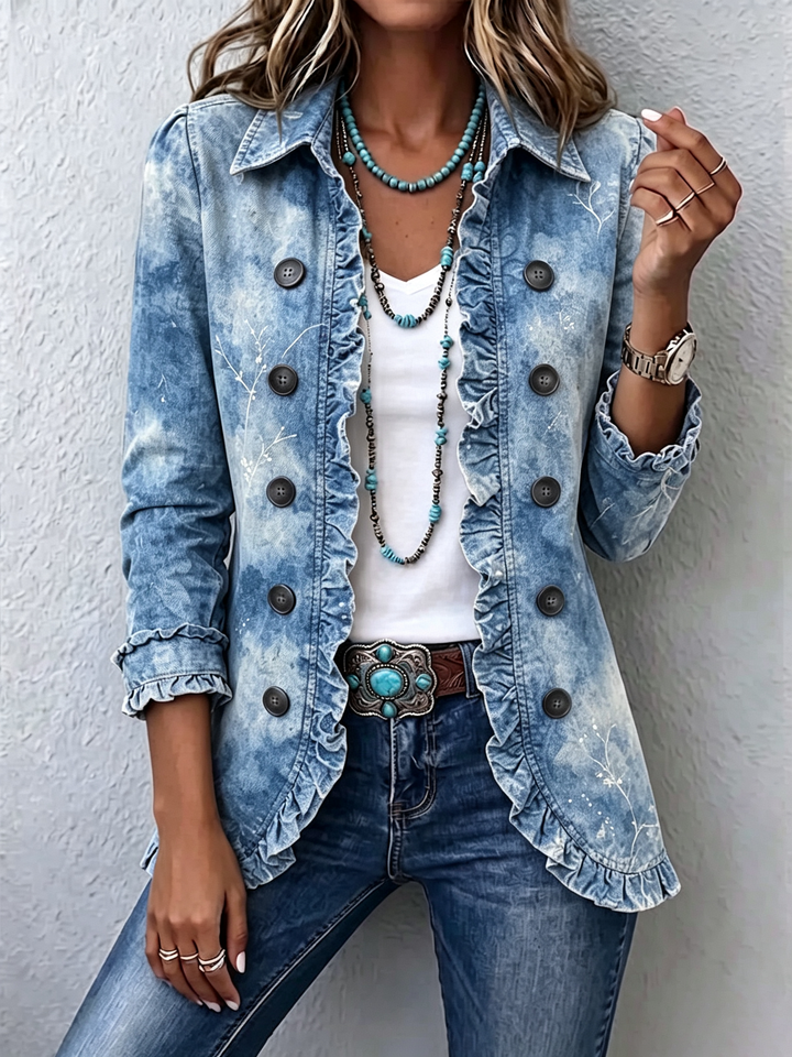 Guenièvre | Boho Botanical Vintage Ombre Jacket in Blue with Ruffles