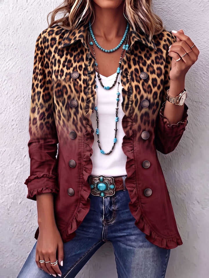 Béatrice | Ruffled Ombre Leopard Blazer in Turquoise