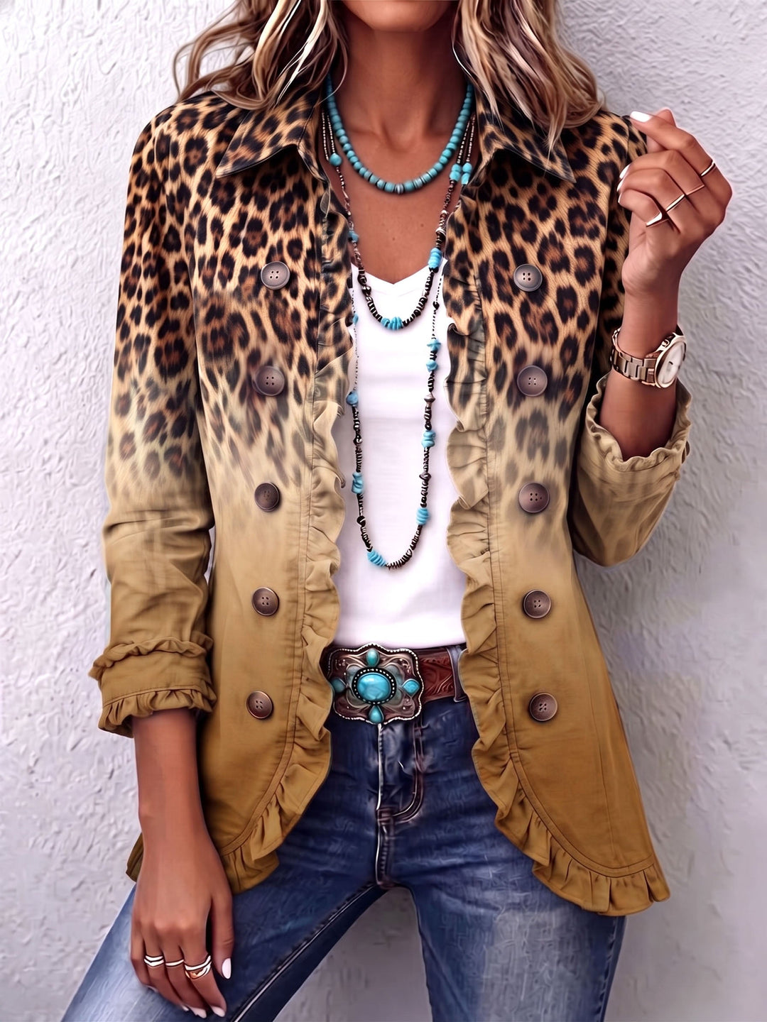 Paule | Ruffled Ombre Leopard Blazer in Ochre