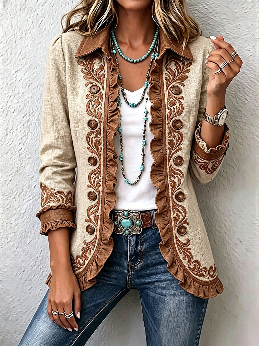 Octavie | Boho Floral Vintage Jacket in Camel and Brown