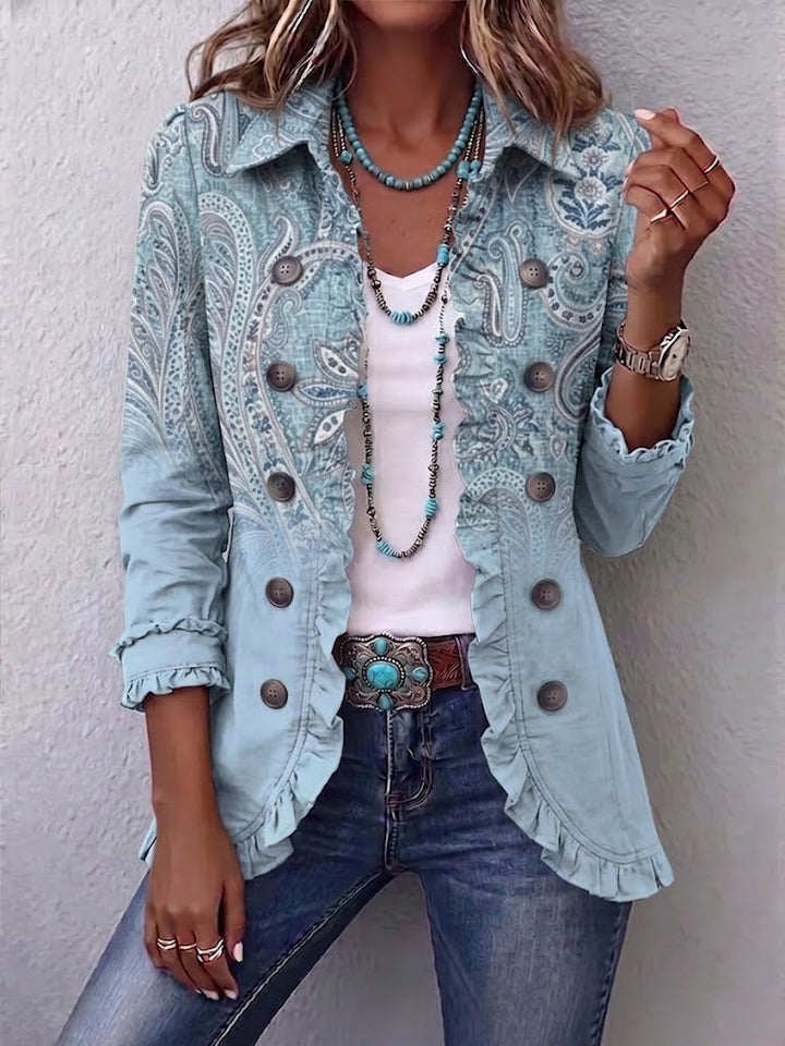 Émilie | Vintage Paisley Jacket in Sky Blue with Ruffles
