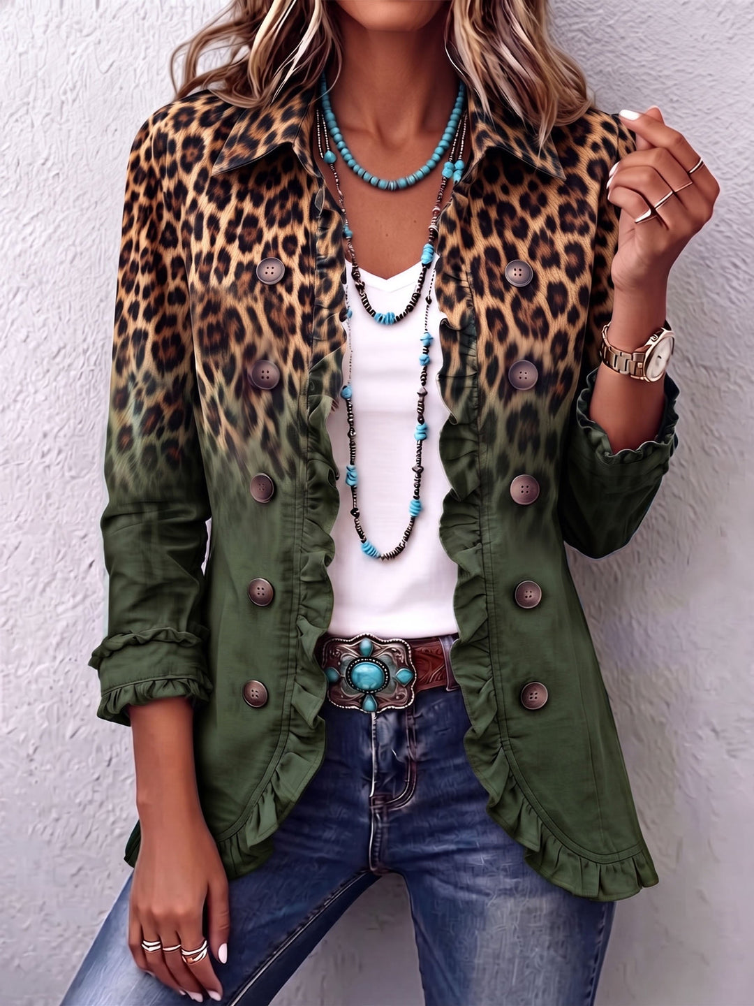 Béatrice | Ruffled Ombre Leopard Blazer in Turquoise