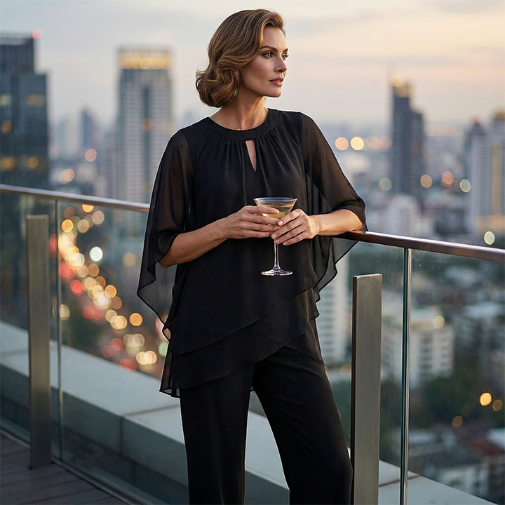 Jeaniny | Asymmetric Layered Blouse and Wide-Leg Trouser Set