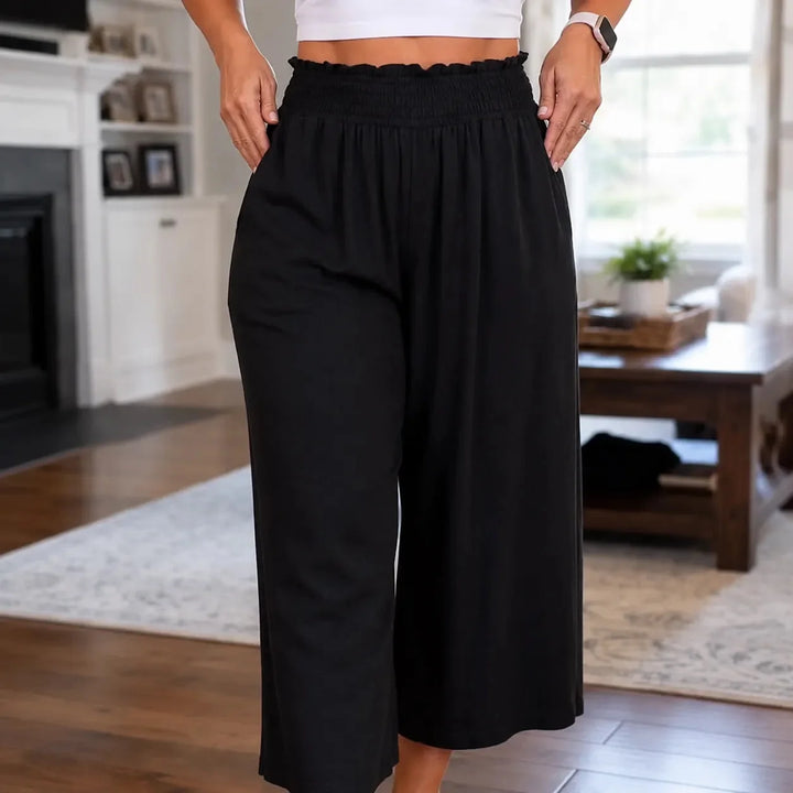 Wearbella – High Waisted Wide Leg Cropped Pants with Smocked Waist