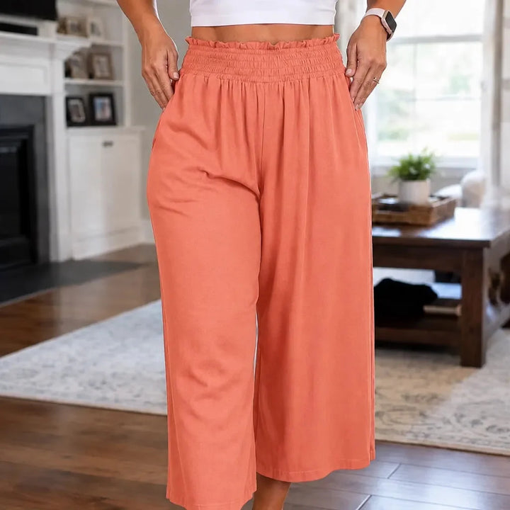 Wearbella – High Waisted Wide Leg Cropped Pants with Smocked Waist